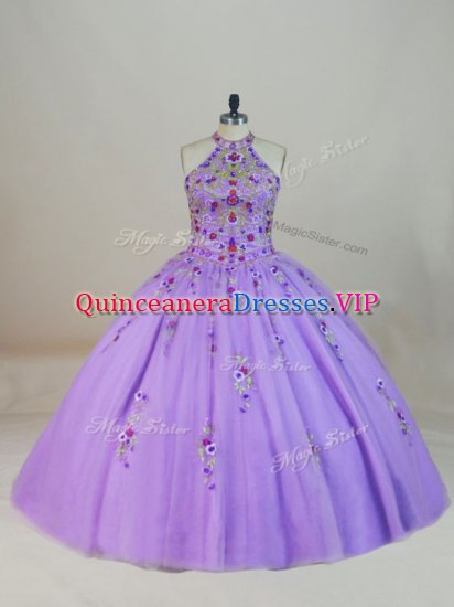 Lavender Quinceanera Gowns Halter Top Sleeveless Brush Train Lace Up - Click Image to Close