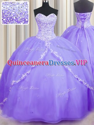 Classical Lavender Lace Up Quinceanera Dresses Beading and Appliques Sleeveless With Brush Train