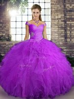 Top Selling Purple Lace Up Off The Shoulder Beading and Ruffles Quince Ball Gowns Tulle Sleeveless