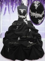 Fashionable Black Ball Gowns Strapless Sleeveless Taffeta Floor Length Lace Up Appliques and Pick Ups Military Ball Gowns(SKU PSSW032-4BIZ)
