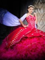 Ideal Sweetheart Sleeveless Organza Sweet 16 Quinceanera Dress Embroidery and Ruffles Brush Train Lace Up