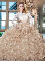 Flare Organza Scoop Long Sleeves Brush Train Zipper Beading and Lace and Ruffles Juniors Party Dress in Champagne