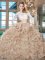 Flare Organza Scoop Long Sleeves Brush Train Zipper Beading and Lace and Ruffles Juniors Party Dress in Champagne