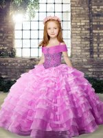 Sleeveless Brush Train Lace Up Beading and Ruffled Layers Kids Pageant Dress