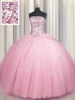 Custom Made Sequins Big Puffy Ball Gowns Sweet 16 Quinceanera Dress Pink Strapless Tulle Sleeveless Floor Length Lace Up