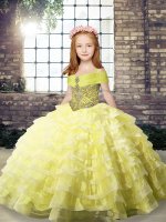 Glorious Yellow Sleeveless Organza Brush Train Lace Up Kids Formal Wear for Party and Military Ball and Wedding Party(SKU PAG1219-14BIZ)