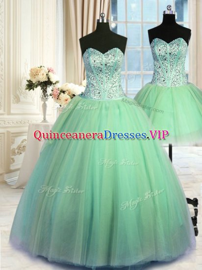New Style Three Piece Ball Gowns Tulle Sweetheart Sleeveless Beading Floor Length Lace Up Sweet 16 Dress - Click Image to Close