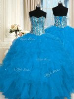 Spectacular Blue Organza Lace Up Sweetheart Sleeveless Floor Length Sweet 16 Dresses Beading and Ruffles(SKU PSSW0351-9BIZ)