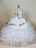 On Sale White Strapless Lace Up Embroidery and Ruffled Layers Sweet 16 Dresses Sleeveless