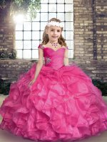 Floor Length Lace Up Kids Formal Wear Hot Pink for Party and Sweet 16 and Wedding Party with Beading and Ruffles(SKU PAG1266-5BIZ)