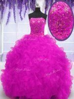 Fuchsia Sleeveless With Train Beading and Appliques and Ruffles Lace Up Quinceanera Gowns