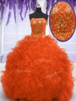 Orange Red Ball Gowns Organza Strapless Sleeveless Beading and Appliques and Ruffles With Train Lace Up Sweet 16 Dresses Brush Train