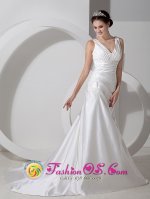 Florida Argentina Elegent Wedding Dress Column V-neck Ruched Bodice Court Train Satin Ruch and Appliques(SKU AFE080803BIZ)