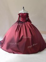 Best Ball Gowns Long Sleeves Burgundy Quinceanera Gown Brush Train Lace Up