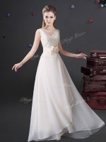 White V-neck Neckline Lace and Bowknot Vestidos de Damas Sleeveless Zipper
