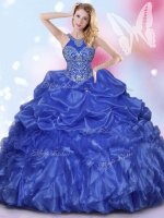 Eye-catching Halter Top Royal Blue Lace Up Quince Ball Gowns Appliques and Ruffles and Pick Ups Sleeveless Floor Length