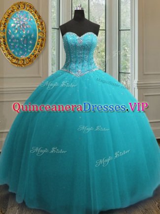 Graceful Sleeveless Floor Length Beading Lace Up Quinceanera Gowns with Aqua Blue