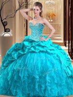 Brush Train Ball Gowns Quince Ball Gowns Aqua Blue Sweetheart Taffeta and Tulle Sleeveless Lace Up(SKU SJQDDT904002-2BIZ)