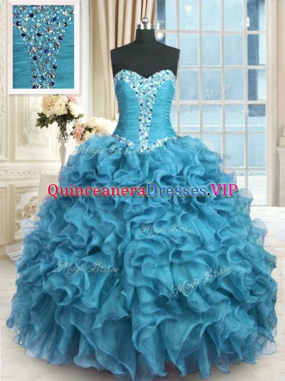 Custom Fit Beading and Ruffles Quinceanera Dress Baby Blue Lace Up Sleeveless Floor Length - Click Image to Close