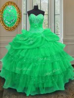 Hot Sale Organza Halter Top Sleeveless Lace Up Beading and Ruffled Layers and Pick Ups Sweet 16 Dress in Green
