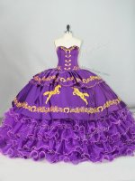Traditional Sweetheart Sleeveless Quinceanera Gown Brush Train Embroidery and Ruffled Layers Purple Satin and Organza