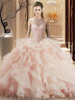Extravagant Pink Ball Gowns Beading and Ruffles Quinceanera Dress Lace Up Organza Sleeveless