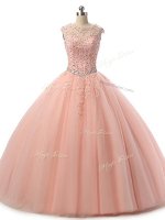 Floor Length Peach Quinceanera Dresses Tulle Sleeveless Beading and Lace