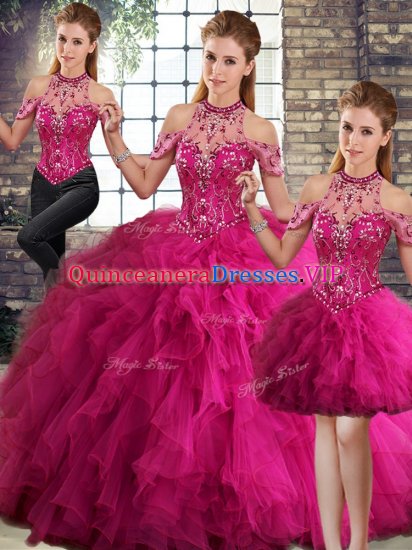 Suitable Fuchsia Lace Up Halter Top Beading and Ruffles 15 Quinceanera Dress Tulle Sleeveless - Click Image to Close