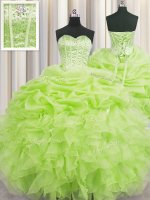 On Sale Visible Boning Sleeveless Floor Length Beading and Ruffles and Pick Ups Lace Up Vestidos de Quinceanera with Yellow Green