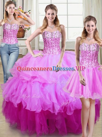 Glamorous Three Piece Floor Length Multi-color Quinceanera Dresses Organza Sleeveless Ruffles and Sequins - Click Image to Close