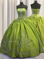 Sexy Strapless Sleeveless Quinceanera Dresses Floor Length Beading and Embroidery Olive Green Taffeta(SKU PSSW0488-7BIZ)