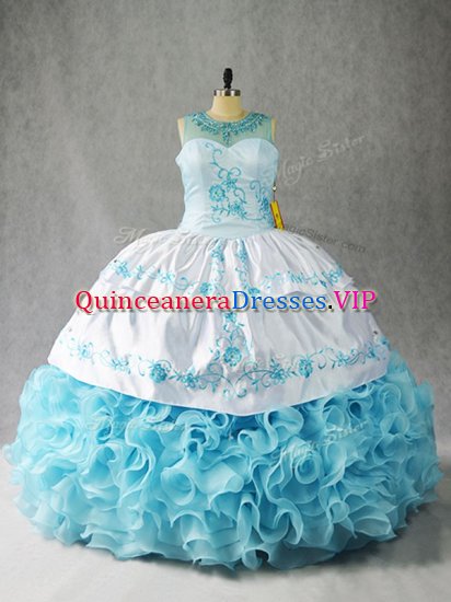 Ball Gowns 15 Quinceanera Dress Baby Blue Scoop Fabric With Rolling Flowers Sleeveless Floor Length Lace Up - Click Image to Close