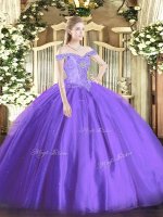 Elegant Ball Gowns Sweet 16 Quinceanera Dress Lavender Off The Shoulder Tulle Sleeveless Floor Length Lace Up(SKU SJQDDT1534002-3BIZ)