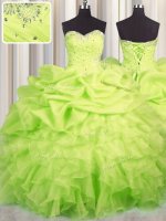 Designer Yellow Green Ball Gowns Organza Sweetheart Sleeveless Beading and Ruffles and Ruching and Pick Ups Floor Length Lace Up Quinceanera Dresses