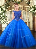 Suitable Floor Length Zipper 15th Birthday Dress Royal Blue for Sweet 16 and Quinceanera with Beading and Appliques
