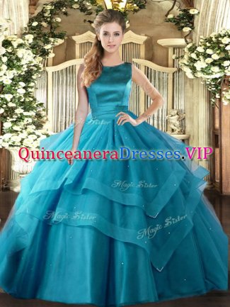 Ruffled Layers Ball Gown Prom Dress Teal Lace Up Sleeveless Floor Length