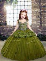 Sleeveless Floor Length Beading Lace Up Custom Made Pageant Dress with Olive Green