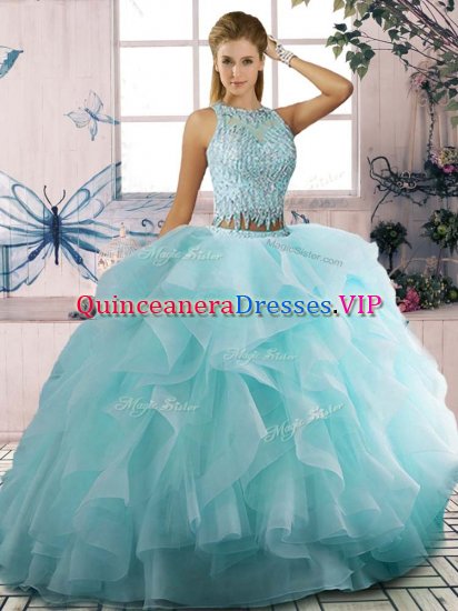 Fitting Sleeveless Floor Length Beading and Ruffles Zipper 15th Birthday Dress with Aqua Blue - Click Image to Close