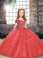 Coral Red Tulle Lace Up Straps Sleeveless Floor Length Pageant Dress Toddler Beading and Ruffles
