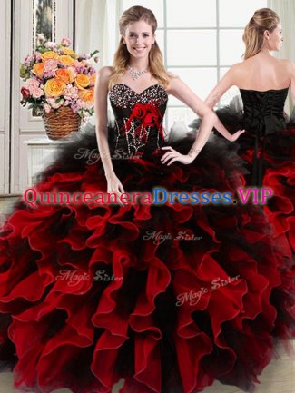 High Quality Black and Red Lace Up Sweet 16 Quinceanera Dress Beading and Ruffles and Hand Made Flower Sleeveless Floor Length