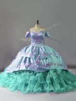 Suitable Blue 15th Birthday Dress Off The Shoulder Sleeveless Chapel Train Lace Up