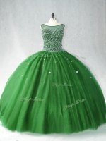 Dramatic Dark Green Zipper Quince Ball Gowns Beading Sleeveless Brush Train