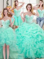 Four Piece Sweetheart Sleeveless Sweet 16 Dress Floor Length Beading and Ruffles and Pick Ups Apple Green Organza
