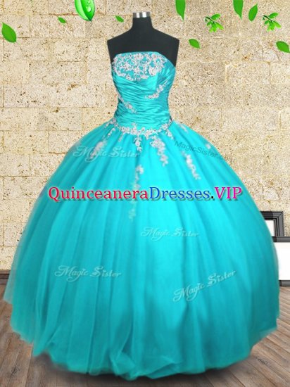Strapless Sleeveless 15th Birthday Dress Floor Length Appliques and Ruching Aqua Blue Tulle - Click Image to Close