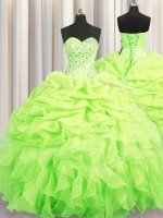 Sleeveless Organza Floor Length Lace Up Sweet 16 Quinceanera Dress in Yellow Green with Beading and Ruffles and Pick Ups