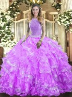 Decent Lavender Lace Up 15 Quinceanera Dress Beading and Ruffled Layers Sleeveless Floor Length
