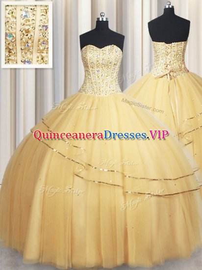 Gold Sweet 16 Dress Military Ball and Sweet 16 and Quinceanera with Beading and Sequins Sweetheart Sleeveless Lace Up - Click Image to Close