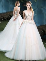 Admirable White Ball Gown Prom Dress Military Ball and Sweet 16 and Quinceanera with Appliques V-neck Sleeveless Brush Train Lace Up