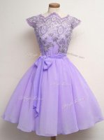 Lavender Cap Sleeves Chiffon Lace Up Damas Dress for Prom and Party and Wedding Party