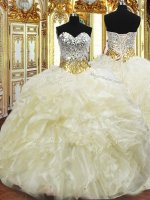Custom Design Light Yellow Ball Gowns Beading and Ruffles Quinceanera Gown Lace Up Organza Sleeveless Floor Length(SKU PSSW0644BIZ)
